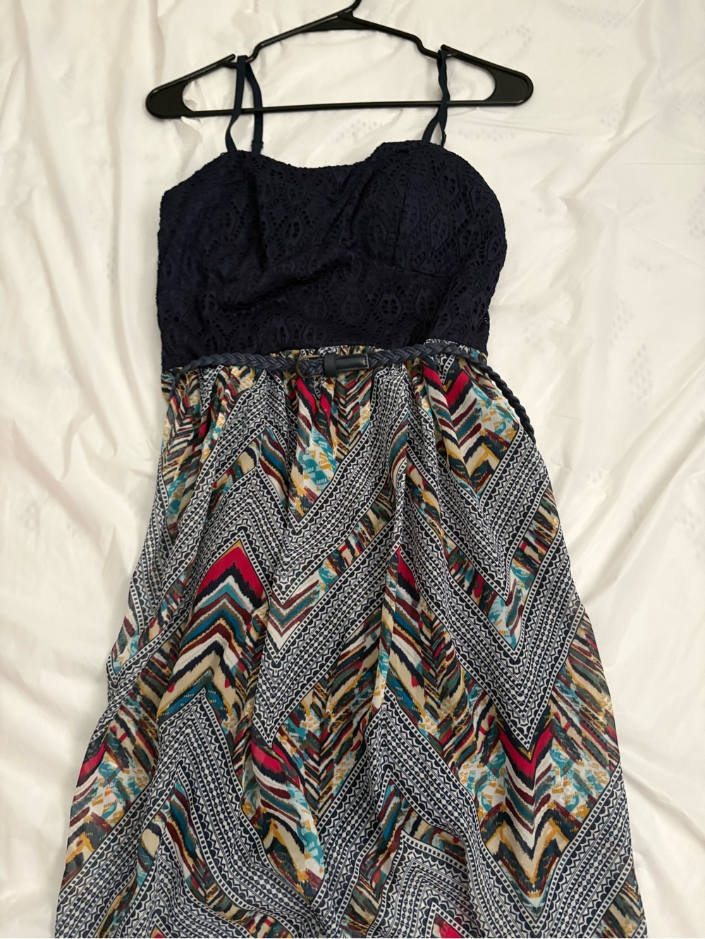 Lily Rose Navy Lace Bodice Multicolor Chevron Maxi Dress